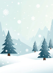 Obraz premium a snowy landscape with a forest and snow covered christmas trees with snowflakes on the background