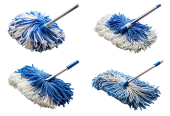 Set of blue and white dust mop with a fluffy head png
