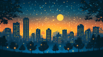Starlit city skyline with a glowing moon at twilight surrounded by trees and twinkling stars