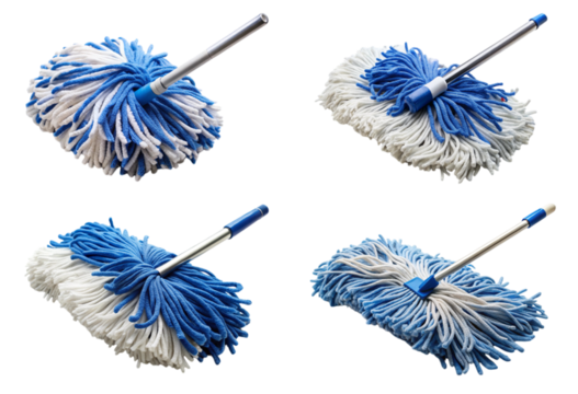 Set of blue and white dust mop with a fluffy head png