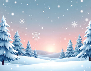 Naklejka premium a snowy landscape with a forest and snow covered christmas trees in snow on sunset with snowflakes