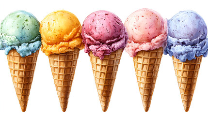 Colorful assortment of ice cream cones displayed in a row, highlighting various flavors and textures at a summer event