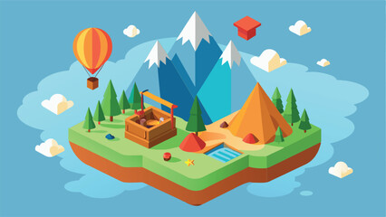 An isometric illustration depicting a floating island with a mountain range, a hot air balloon, trees, a small stream, and a wooden box with a crane.