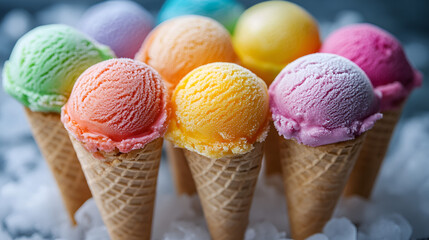 Colorful assortment of ice cream cones arranged on a bed of ice in a creative display, perfect for summer treats or dessert parties