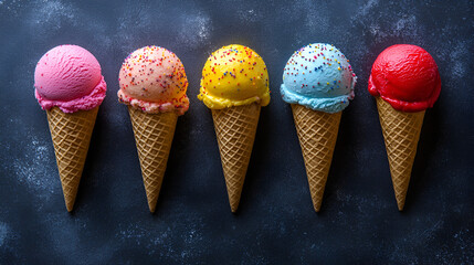 Colorful ice cream cones arranged in a row on a dark surface showcasing a variety of flavors, including pink, yellow, and blue