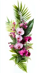 Obraz premium A vertical bouquet of orchids with ferns, philodendron, and ruscus leaves, arranged gracefully on a white background