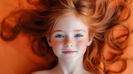 Naklejka premium A portrait of a girl with red hair and blue eyes lying on an orange background. Her face is calm, her hair spread around her head in gentle waves