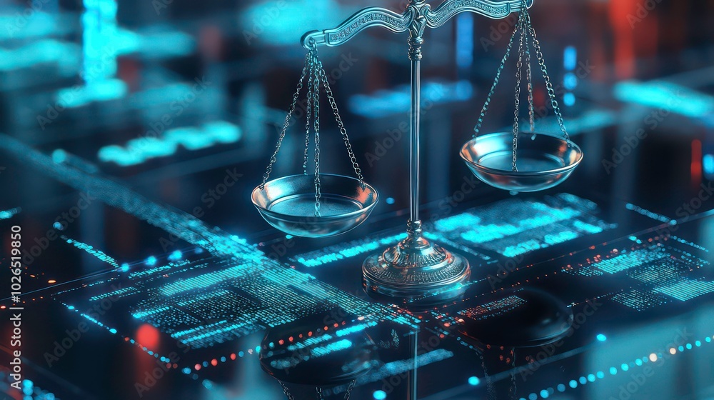 Poster a silver scale of justice sits on a digital background with blue and red data visualizations.