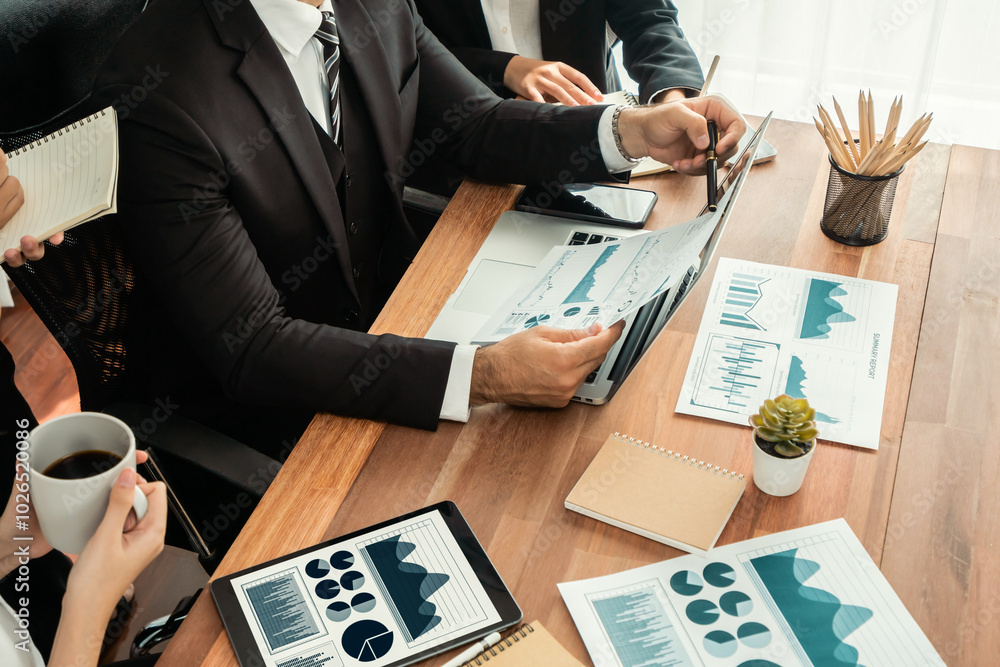 Poster financial data analysis dashboard by fintech bi or business intelligence display on laptop and table