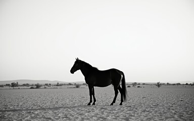 Solitary Wild Horse in Vast Desert Landscape, Black and White