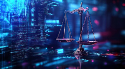 A close-up shot of a scale of justice against a glowing background of digital code, representing the concept of cybersecurity law.