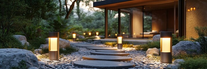 A tranquil evening pathway illuminated by lanterns near a modern home in a lush garden setting