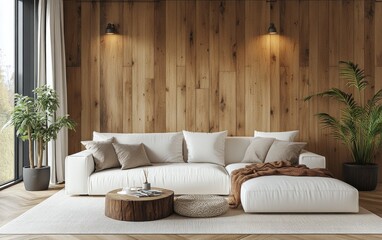 Modern living room featuring natural wood accents and minimalistic decor in soft lighting