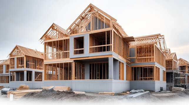 Wooden frame structure of a multi-story residential building under construction with visible timber framing and unfinished sections.