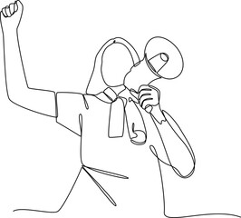 Woman using megaphone one line art vector