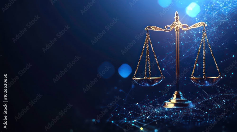 Poster golden scales of justice against a blue background with a network of interconnected dots and lines.