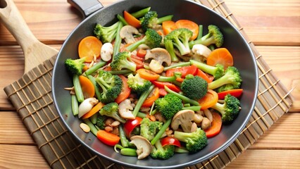 Stir-fried vegetables with broccoli, bell peppers, and mushrooms in a skillet on a wooden surface
