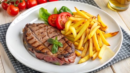 A delicious veal entrecote served on a white plate with fresh vegetables and crispy fries at a cozy dining table