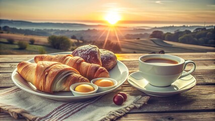 Enjoying a delightful breakfast of eggs, croissants, and coffee while watching the sunrise over a serene landscape