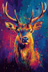 A vibrant deer head against a colorful, abstract background in a modern artistic style © olegganko