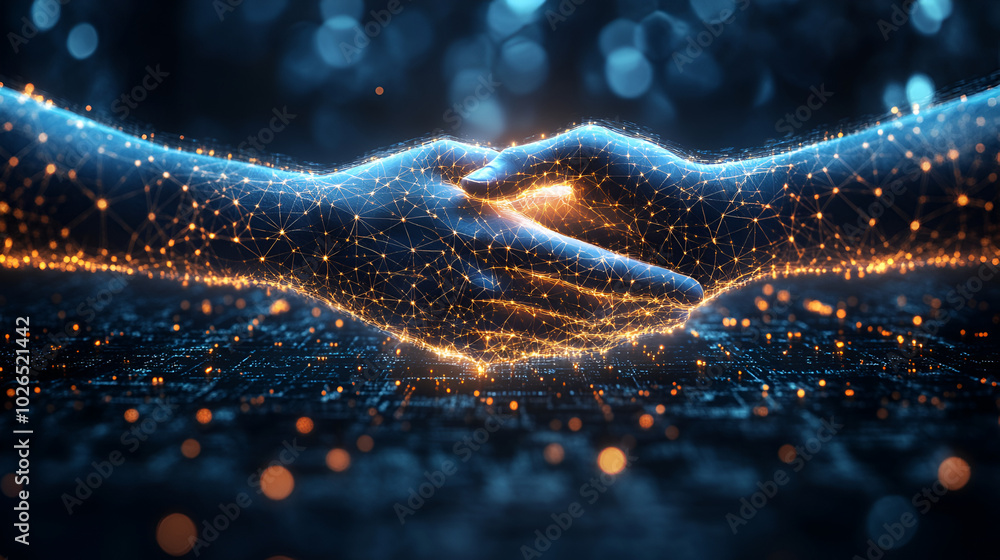 Wall mural digital connection symbolized by two hands intertwined with glowing particles against a dark, futuri