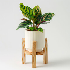 A plant pot with a wooden stand and calathea leaves on it against a white background in a front view with studio light.