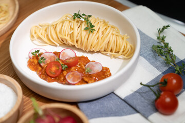 Delicious food's special menu homemade preparing station spaghetti with minced meat top tomato...