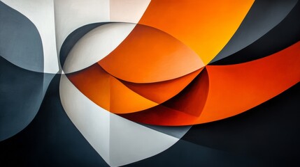 Abstract Art with Curved Shapes in Orange, White, and Grey
