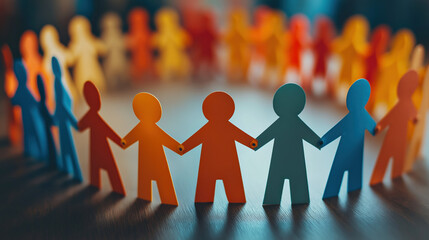 paper cut-out humans holding hands in a chain, celebrating diversity, friendship, and community solidarity	