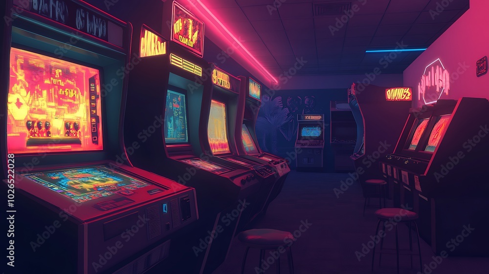 Aufkleber a row of retro arcade games with glowing screens and neon lights.