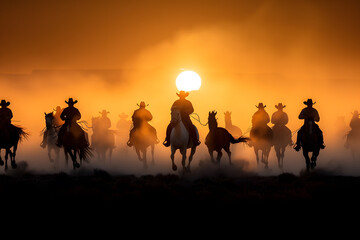 Fototapeta premium Dust Kicked Up by Hundreds of Wild Horses at Sunset | Captivating Moment of Nature’s Untamed Beauty