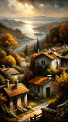 Obraz premium Autumn landscape with charming houses and a river, illuminated by golden sunset light