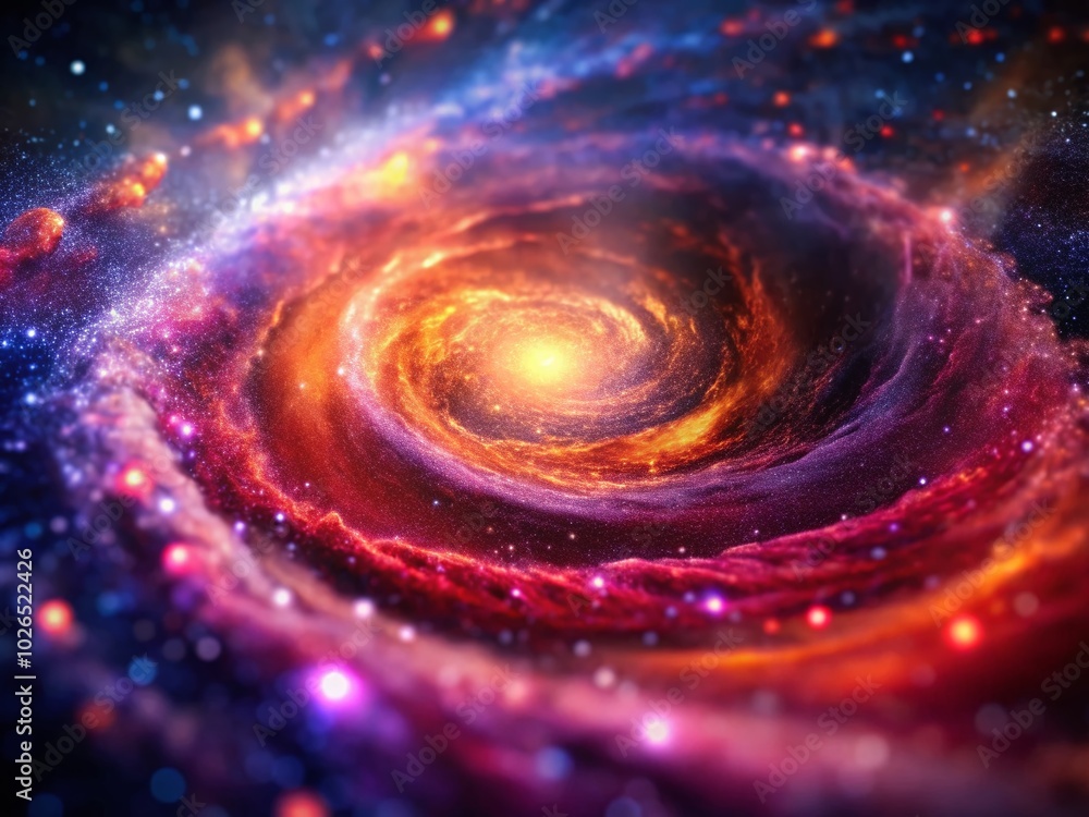Poster animated spiral galaxy in red and purple - tilt-shift photography effect for seamless loop animation