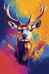 A vibrant deer head against a colorful, abstract background in a modern artistic style
