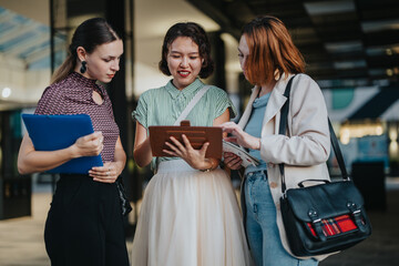 A diverse group of professionals engaged in a collaborative discussion outdoors in an urban environment, emphasizing teamwork and modern business dynamics.