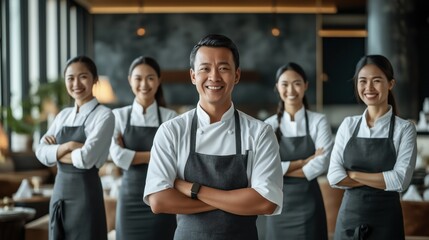 Smiling team of chefs in uniform standing confidently in a modern restaurant environment, showcasing teamwork and professionalism