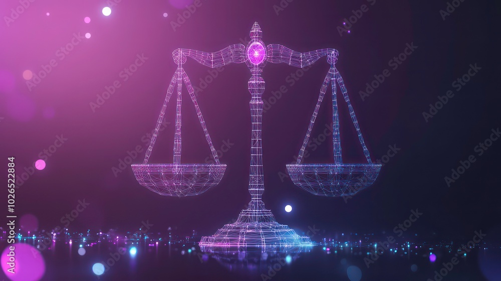 Poster a digital rendering of a scales of justice, with a pink and purple color scheme and a bokeh effect.