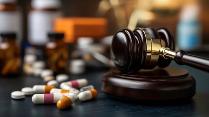 A wooden gavel rests on a block of wood with scattered pills and bottles in the background, representing the legal battle against drug abuse.