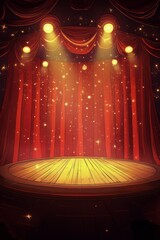 Illuminated stage with red curtains and spotlight in a theatrical setting at night