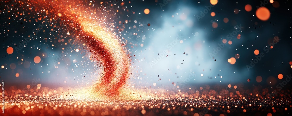 Poster Abstract tornado formed from dynamic swirl of vibrant particles against a dark background.