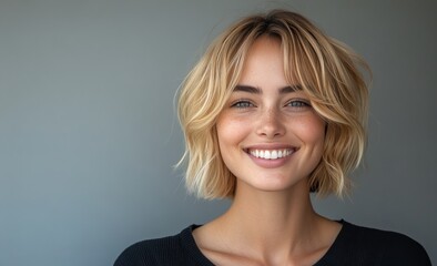 Cheerful young woman with wavy blonde hair smiling warmly against a light backdrop