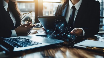 Two businesspeople in suits are working on a laptop and a tablet with a digital graph floating above. One person is holding a scale of justice.