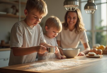 Two young children are mixing ingredients in a bowl while baking cookies, with their mother watching in a cozy kitchen. The bright lighting and focused expressions create a happy and engaging family