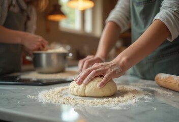 A person is kneading dough on a floured kitchen counter, preparing to bake bread. The warm indoor setting and focused activity create a calm and productive atmosphere.