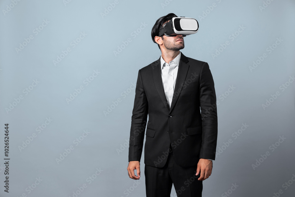 Poster skilled project manager with vr glasses standing and looking around. caucasian businessman connectin