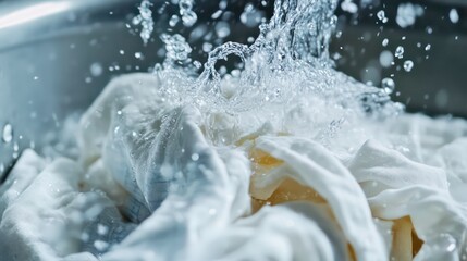 Closeup of white clothes being washed with water splashing.