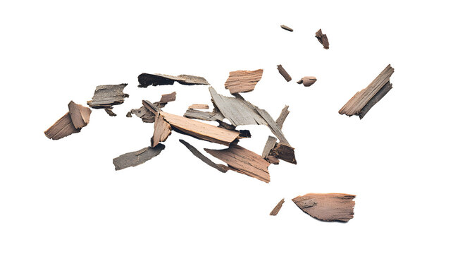 Fototapeta Rotten, old wood pieces and dust, scattered crushed tree bark isolated on white