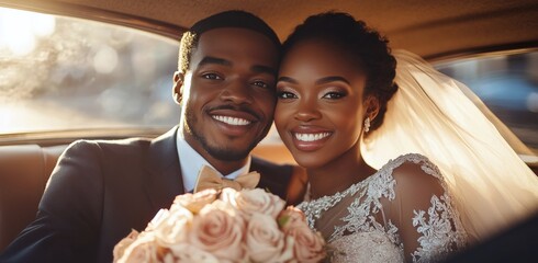 A joyful couple celebrates their wedding day inside a vintage car during golden hour lighting