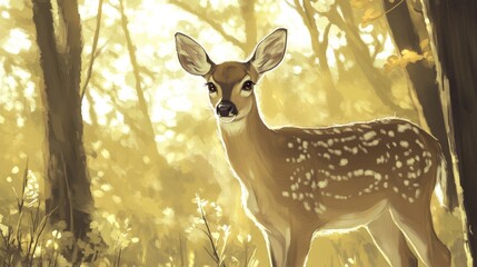 A deer is standing in a forest with a yellow background. The deer is looking at the camera