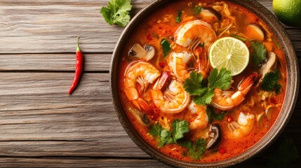 Spicy Shrimp Soup with Fresh Herbs and Lime Slice